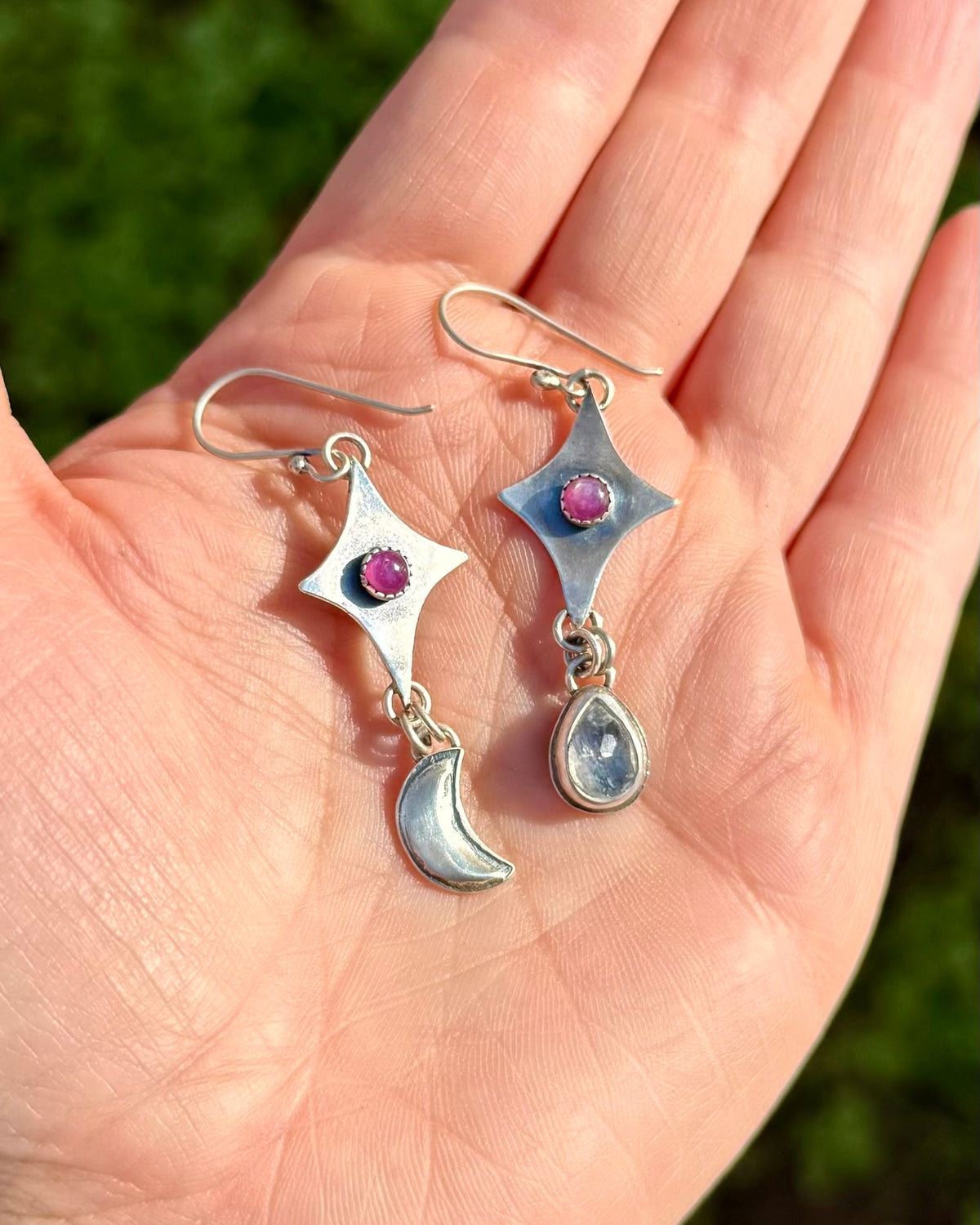 Starlit Moon Earrings | Sapphire and Rainbow Moonstone