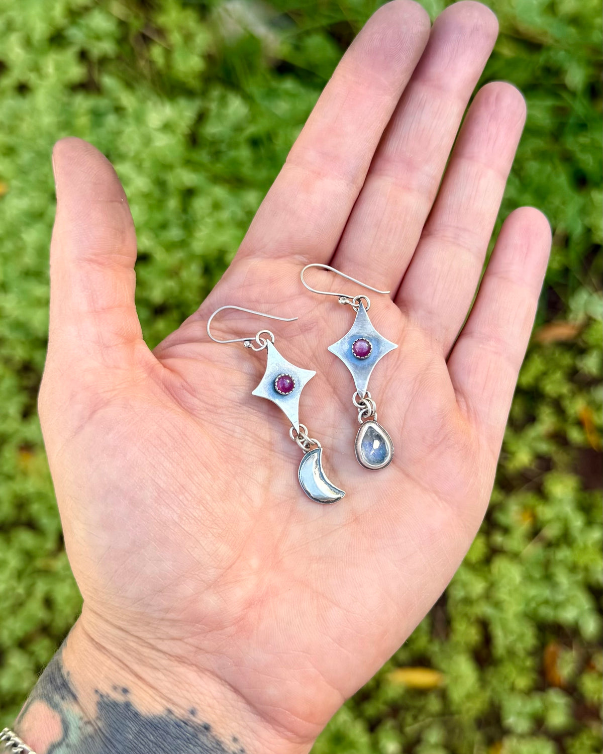Starlit Moon Earrings | Sapphire and Rainbow Moonstone