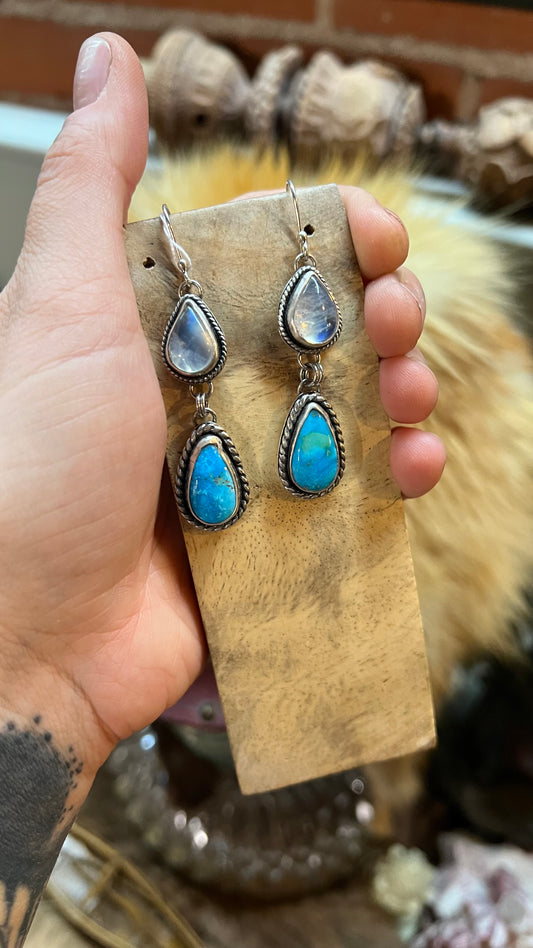 Rainbow Moonstone & Sonoran Mountain Turquoise Earrings