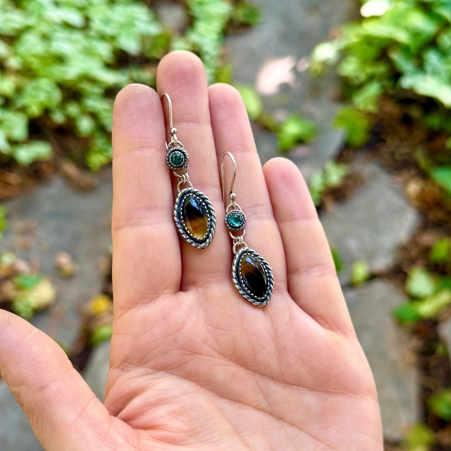 Blue Tourmaline & Montana Agate Dangle Earrings