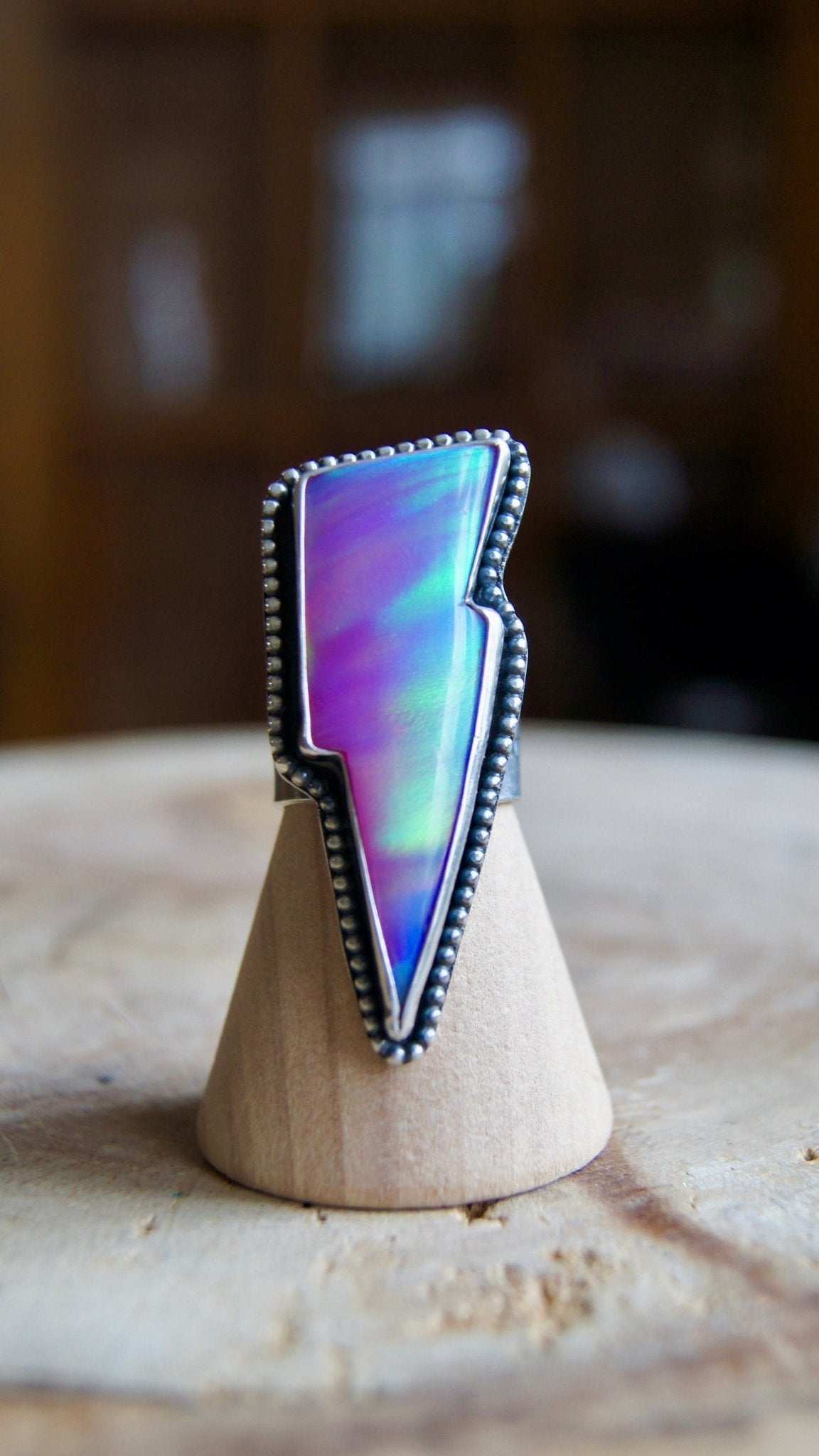 Aurora Opal Bowie Bolt Ring - Size 7.5 - Cosmic Heart Arts