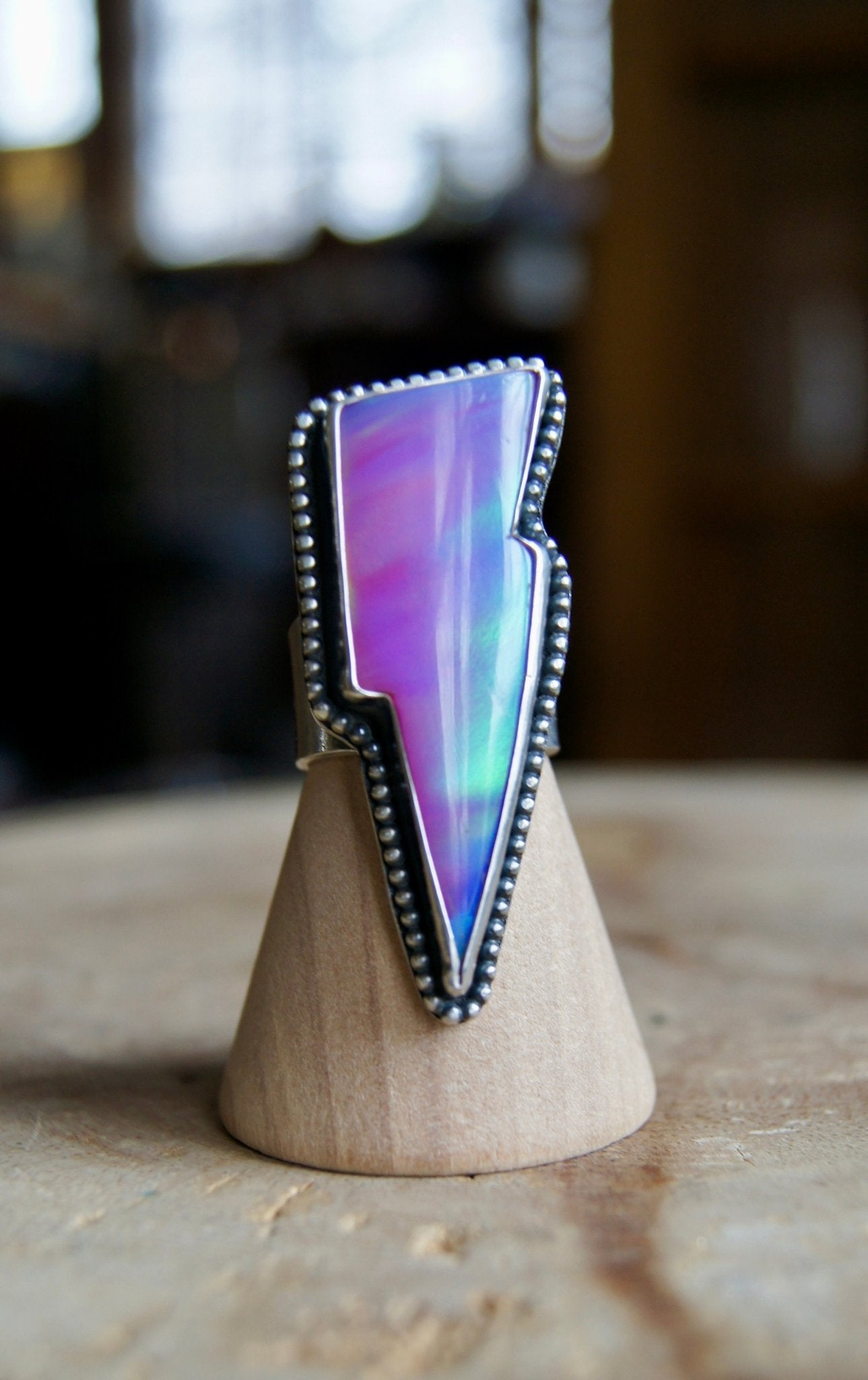 Aurora Opal Bowie Bolt Ring - Size 7.5 - Cosmic Heart Arts